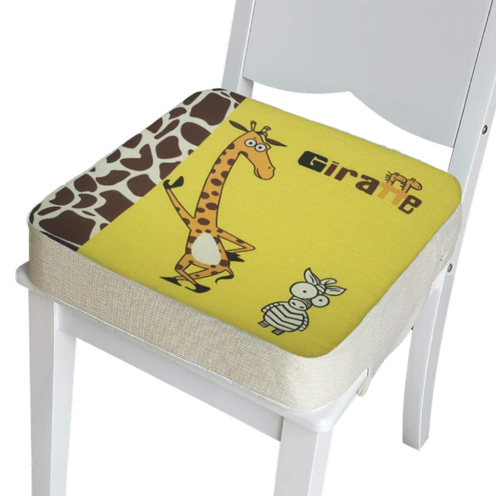 Baby Booster Seat Cushion Square, Fansu Cartoon Printed Toddler Kid Dismountable Heightening Dining Chairs Pad Washable Thick Highchair Booster Cushion Mat with Straps (Giraffe,15.7x15.7x2 in)
