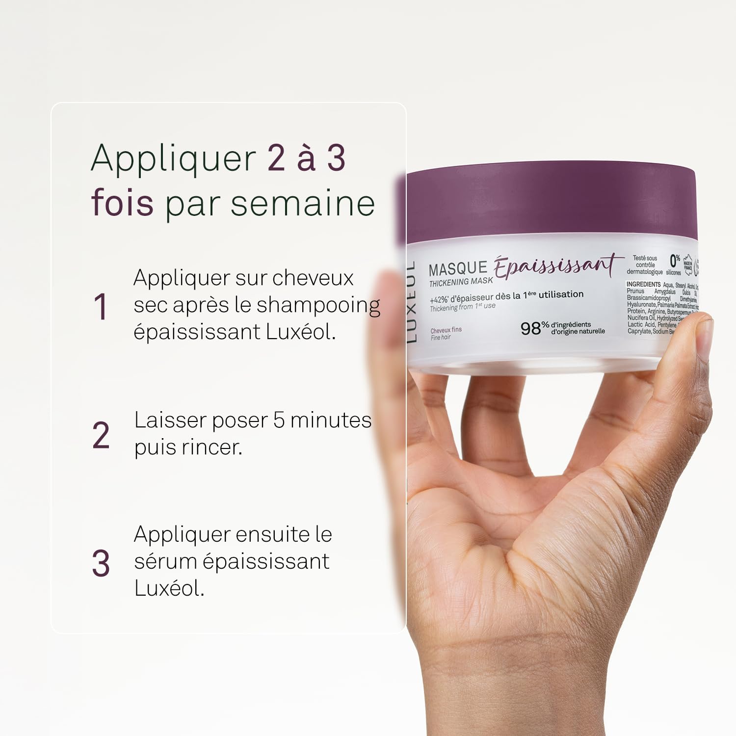 LUXEOL - Masque Cheveux Epaississant - +42% d'Epaisseur Dès la 1ère Utilisation* - À Base d'Algue Rouge, Acide Hyaluronique & Protéine de Riz - Fabriqué en France - 200 ml