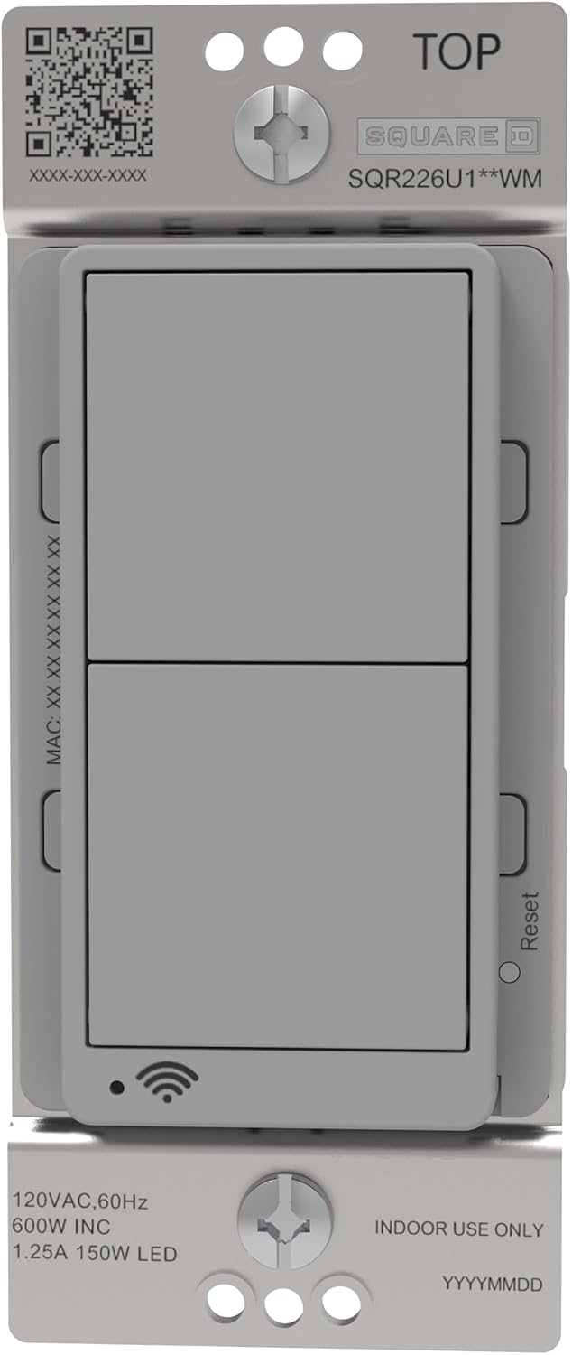 Square D by Schneider Electric X Series 15 Amp WiFi Energy Monitoring Light Switch, Single-Pole/3-way, 600 Watt, Rocker, Matter Certified, Works with Alexa, Google Home, Apple Home, Matte Grey