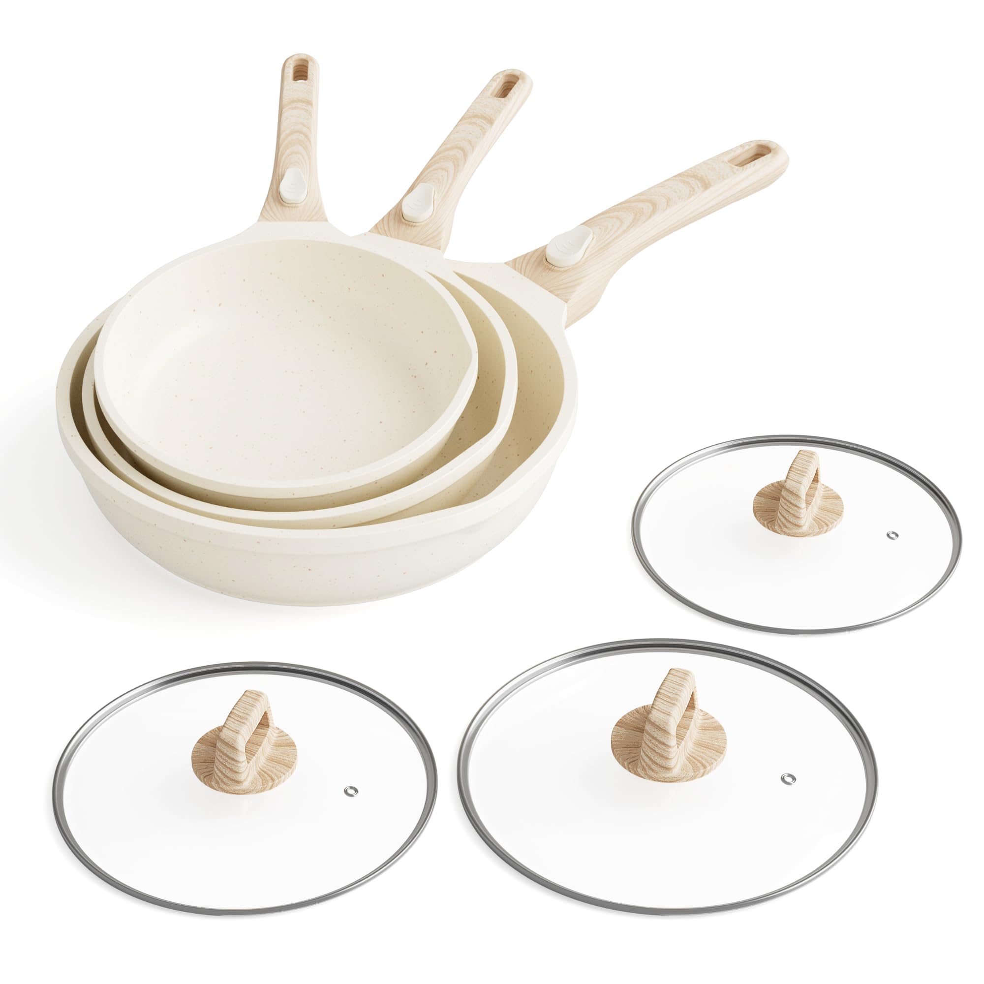 RIOVARM Induzione Set di padelle con manici staccabili, Antiaderente Padelle universali con coperchi 20 cm 24 cm 28 cm, Granito Padella per omelette, Set di pentole Adatto per forno e lavastoviglie