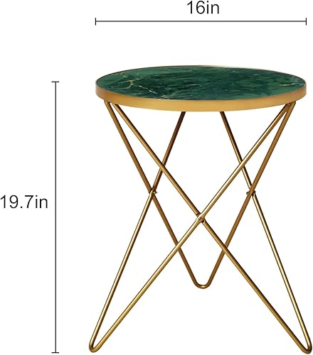 Miniatura 3 de HLR Juego de 2 mesas auxiliares redondas modernas, mesa auxiliar con parte superior de efecto mármol y marco de metal dorado, mesa auxiliar pequeña