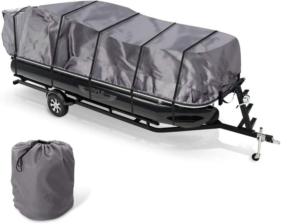 Pyle Pontoon Boat Cover, Universal Fit, Waterproof, Weather Resistant, Marine Grade Canvas, Adjustable Height Support, Includes Storage Bag, Fits 21ft to 24ft Boats, Sun Damage Protection