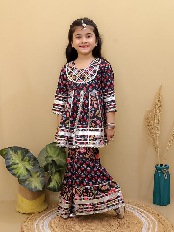Image of superminis Girls Cotton Floral Printed Gotta Work 3 /4 Sleeves Flared Design Kurti & Sharara Set