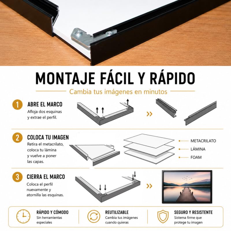 2 Marcos de Aluminio Negro Mate 33X98, Moldura Premium | marco para fotos, láminas, púzles. Metacrilato 2 mm, trasera Foam antihumedad, fácil montaje, listo para colgar,.