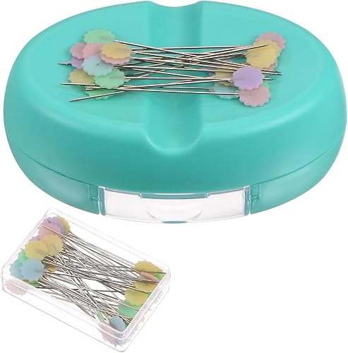 Miniatura 1 de HARFINGTON Cojín magnético con 50 alfileres de cabeza de plástico con flores, soporte magnético con cajón, para coser, agujas de acolchado,