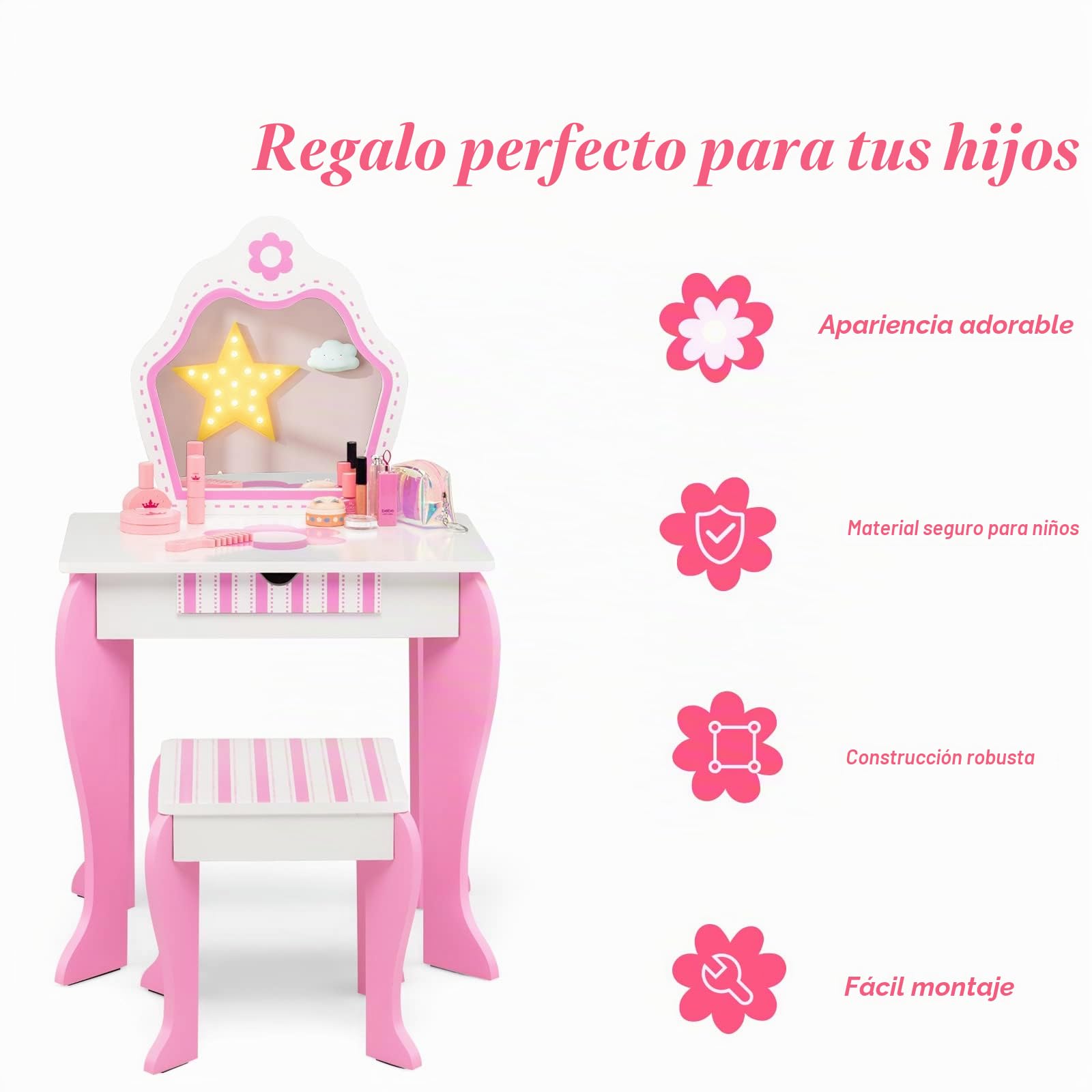 LIFEZEAL Tocador de Maquillaje niña, Tocador con Taburete y Espejo extraíble, Mesa Infantil 2 en 1 con cajón de Almacenamiento, Escritorio de Madera para niña de 3 a 7 años