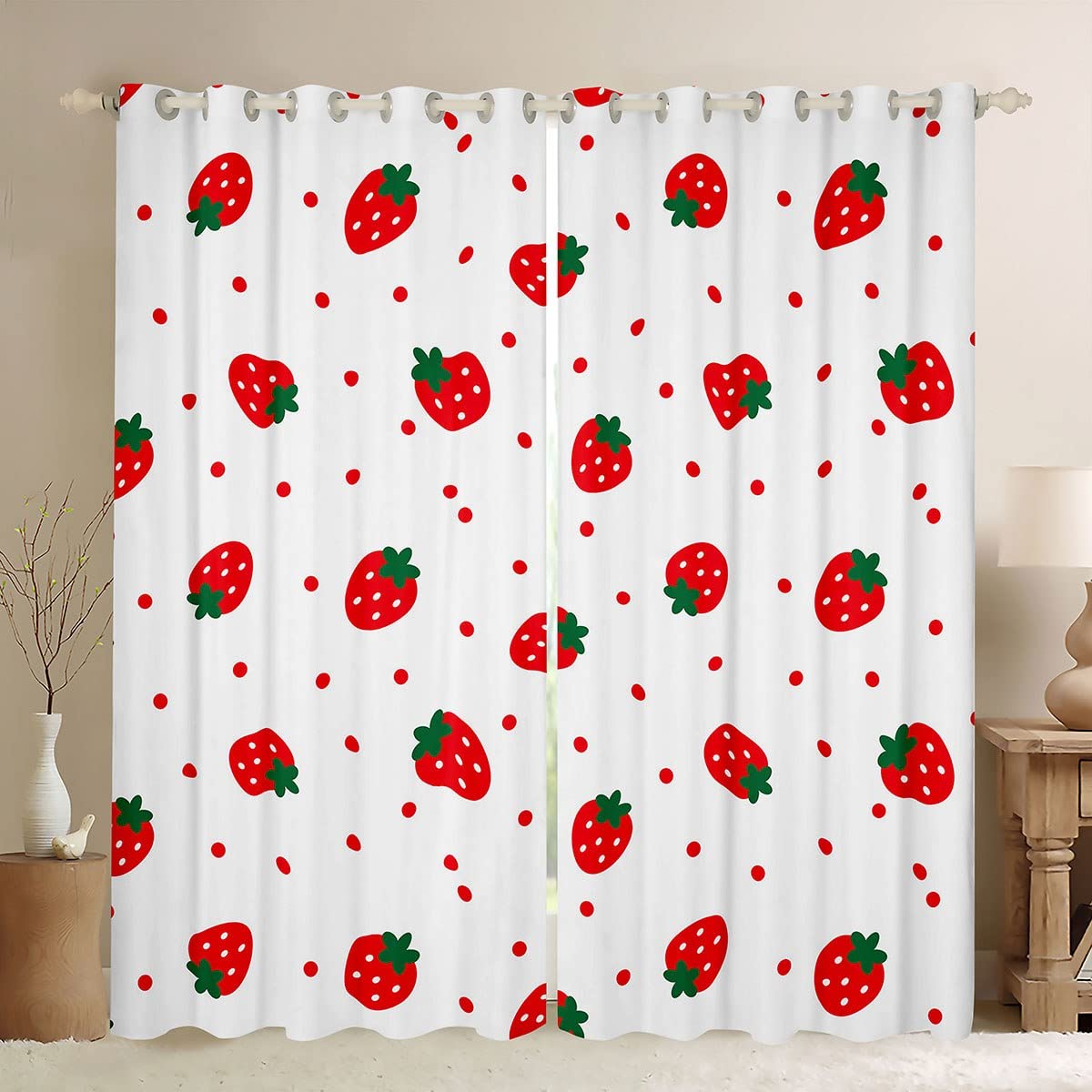 Richhome Boys Cyj8310wc Cute Strawberry Curtains,Red Strawberry Window Curtains For Girls Teens,Cartoon Fruit Window Treatment Home Decor,Kawaii Girly Darkening Drapes For Living Room Bedroom,46Wx54l