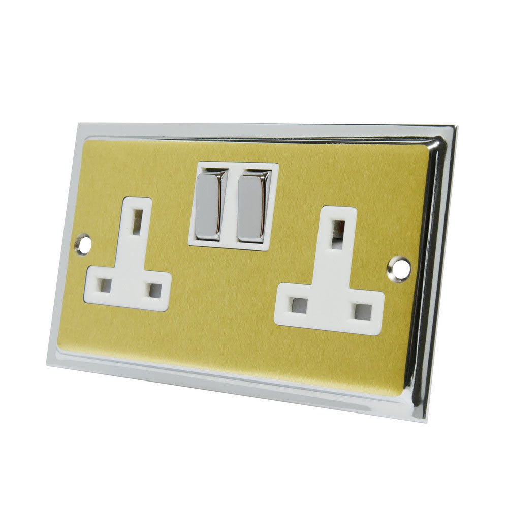Alliance Electrical Slimline Duo Satin Brass Polished Chrome 2 Gang Socket White Insert Metal Rocker Switches - 13 Amp Double Plug Socket