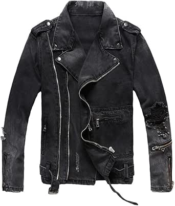 Men's Denim Biker Jacket,Vintage Black Gray Spliced Ripped Hip Hop Coat ...