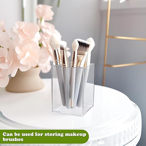 Miniatura 6 de QPEY Paquete de 2 soportes de acrílico transparente para bolígrafos, soporte para brochas de maquillaje acrílico, accesorios de escritorio de