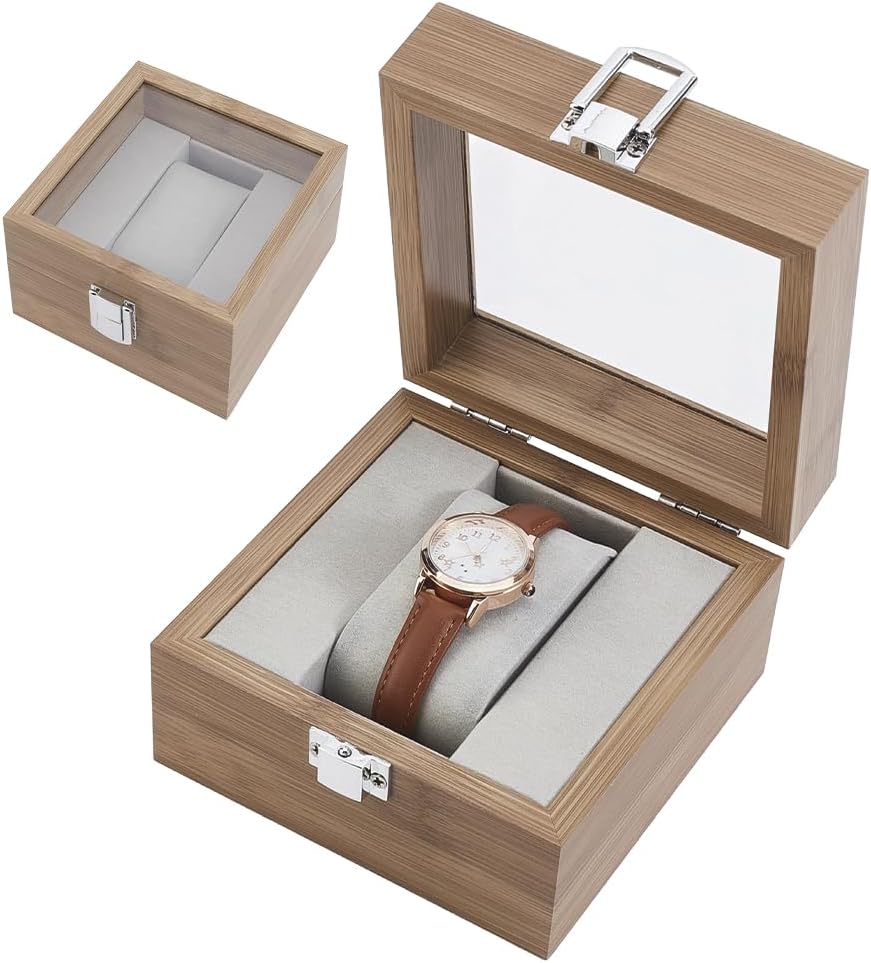 AHANDMAKER Watch Box, 2 Slot Wooden Watch Display Case with Clear Glass Window and Velvet Pillow Watches Storage Organizer Jewelry Holder for Men and Women Christmas Birthday Gifts, Camel