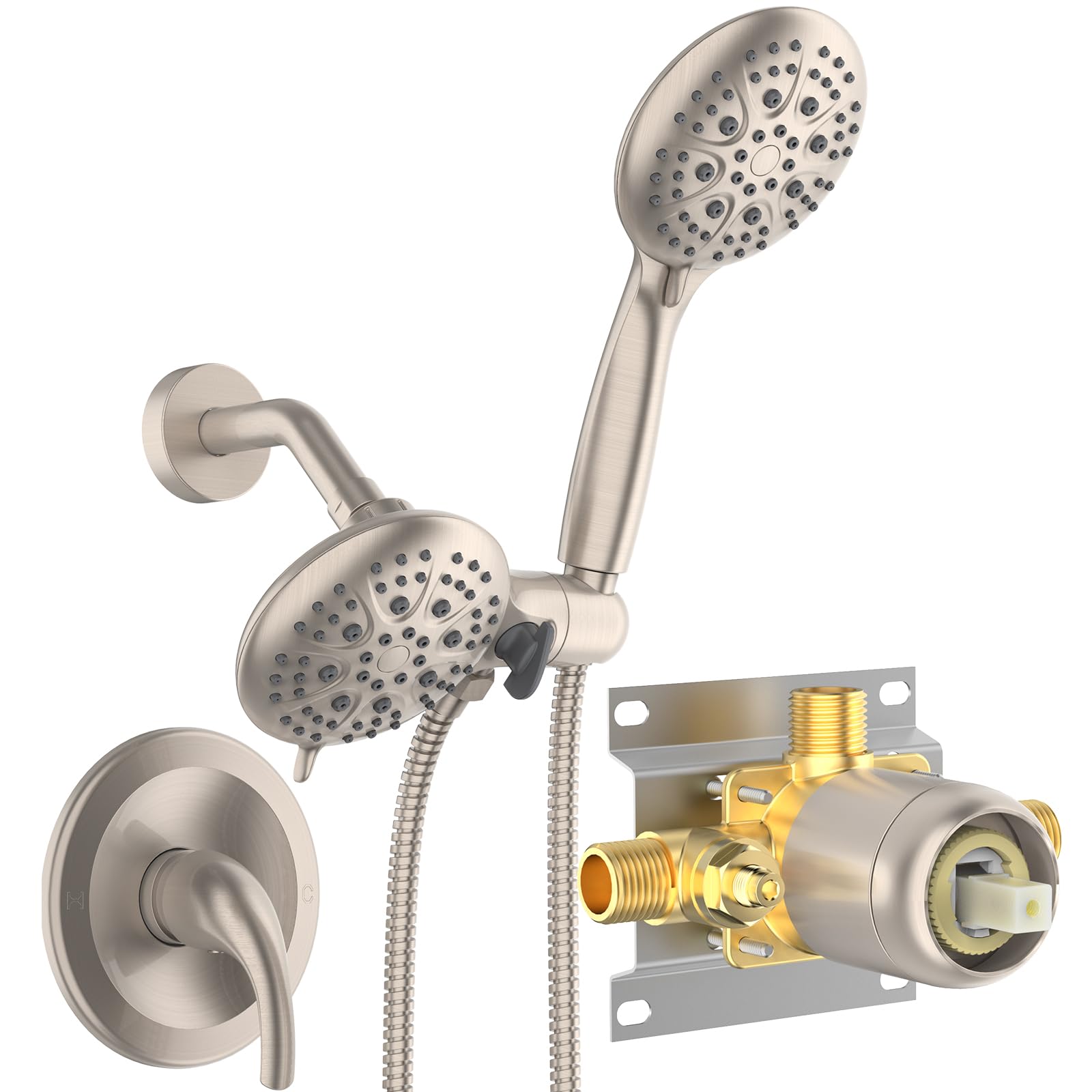 SR SUN RISE Shower System with Handheld Shower and Rain Shower Combo Set High Pressure 5-spray Dual 2 in 1 Shower Faucet Patented 3-way Diverter Brushed Nickel (Valve Include）