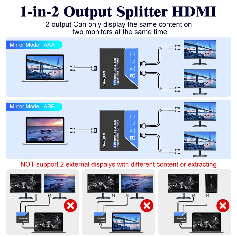 4K HDMI Splitter for Dual Monitors 1 in 2 Out Dual HDMI Adapter for Two Double Monitors Not Extended Display Taptop Hub Extender Splitter