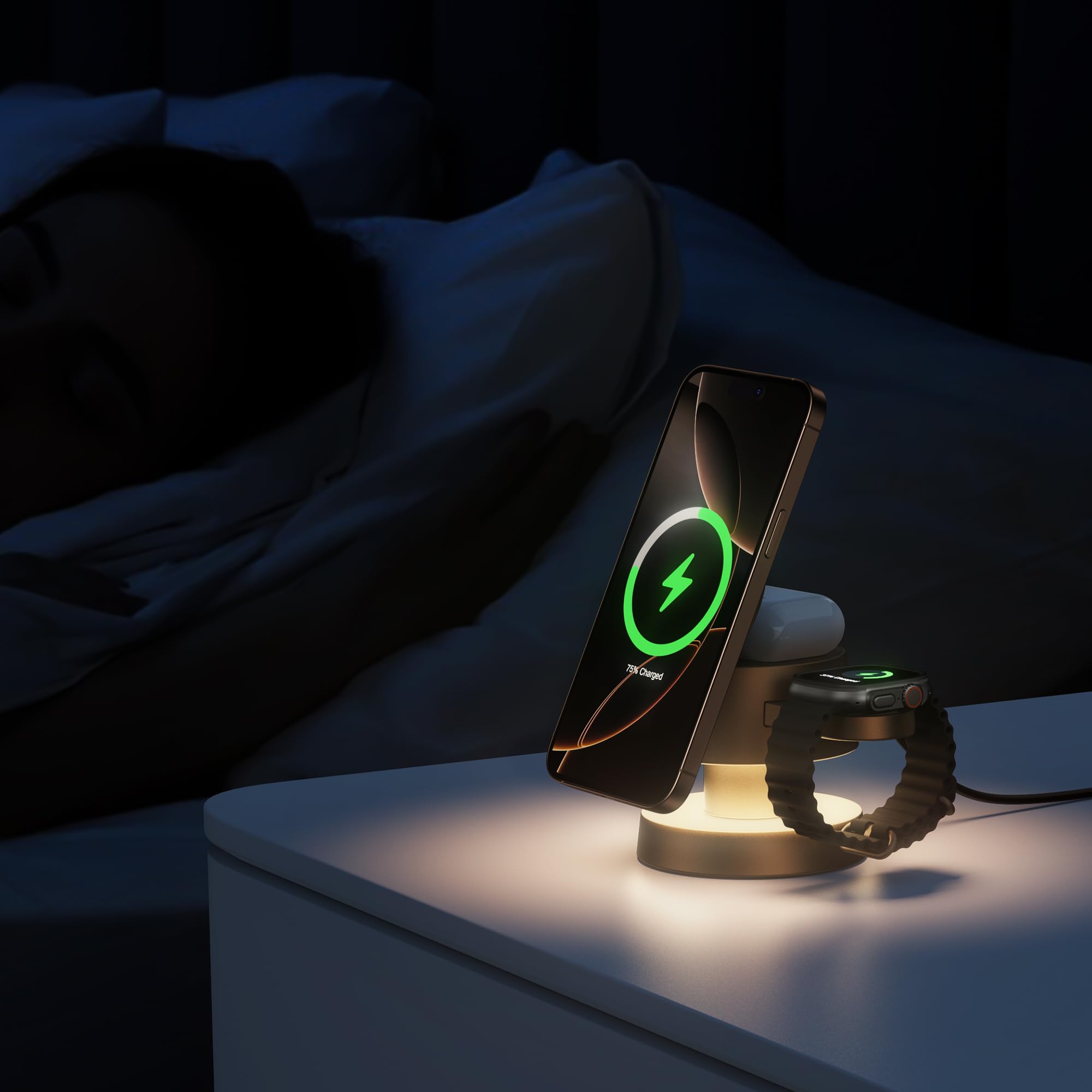 Station de charge magnétique sans fil 4 en 1, charge rapide de 15 W avec veilleuse réglable, station de charge magnétique sans fil pour iPhone 16, 15, 14, 13, 12 Pro Max et Apple Watch, AirPods 3/2/1