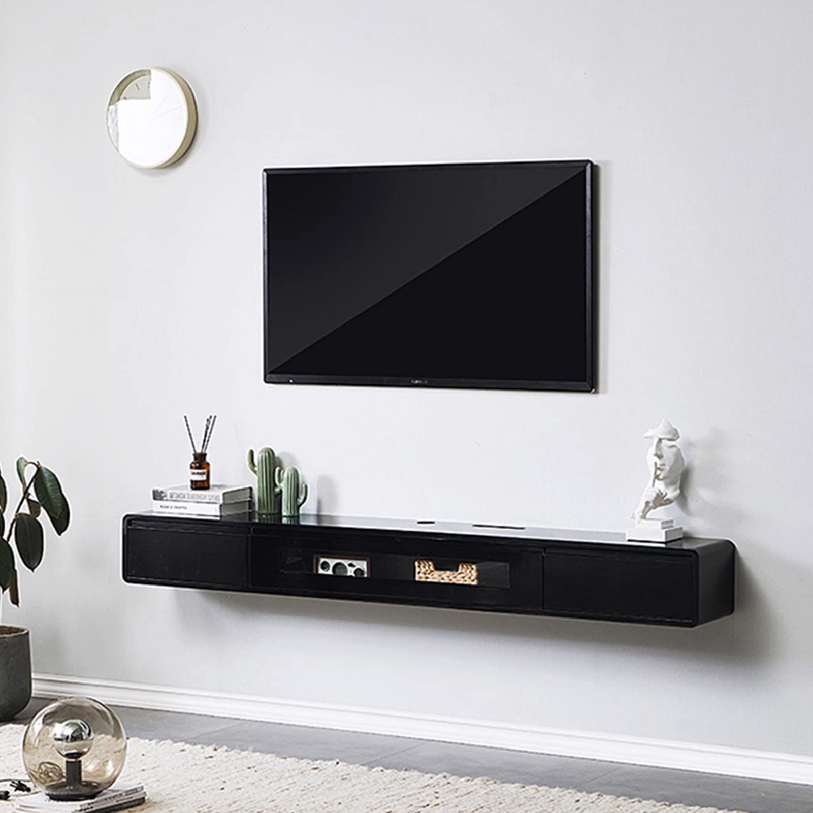 Generisch Moderne schwebende TV-Konsolen-Wandhalterung mit Schubladen – platzsparendes Unterhaltungsregal für das Wohnzimmer, stilvolles Design, Schwarz (120 x 24 x 20 cm)