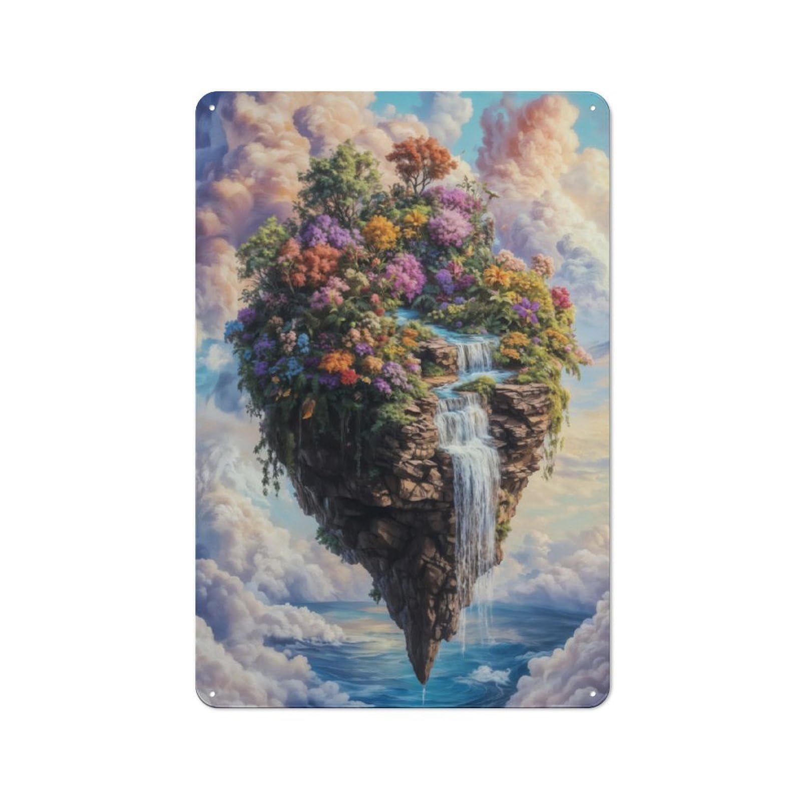 Junmoney Floating Island Waterfall Tin Wall Plaque 30X20cm With For Living Room Or Hallway, For Garage, Workshop And Man Cave Decoration