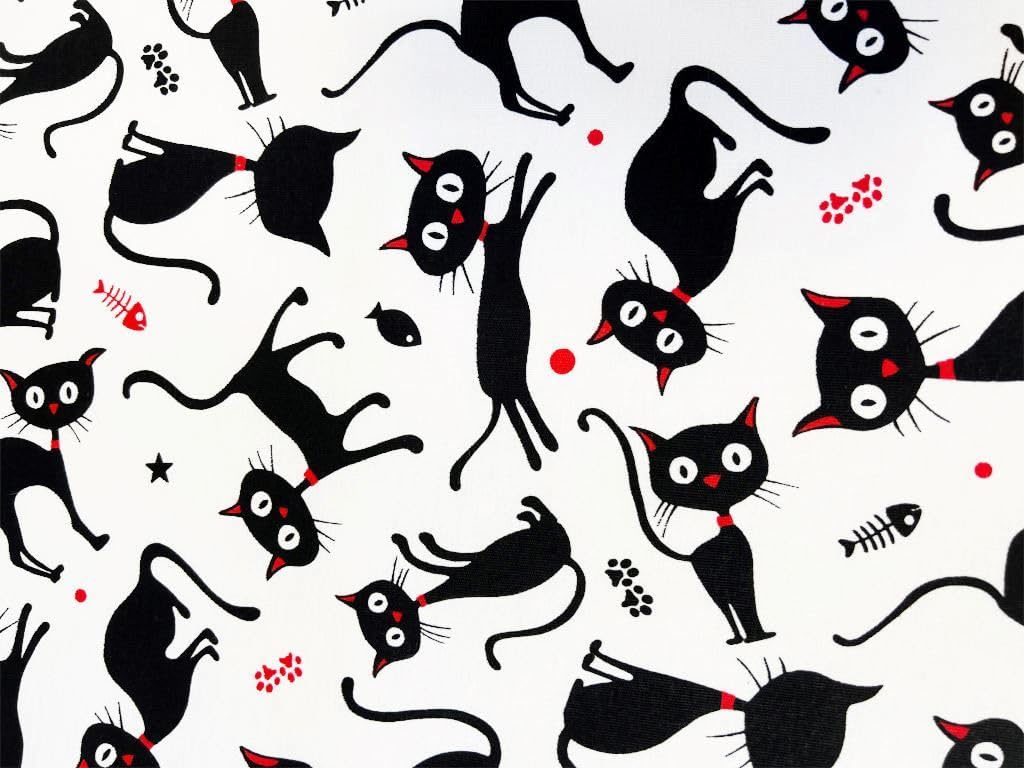 Tessuto Di Cotone Per Bambini Al Metro - 100% Cotone, Motivo Gatto Silhouette Bianco E Grigio (200x160 Cm)