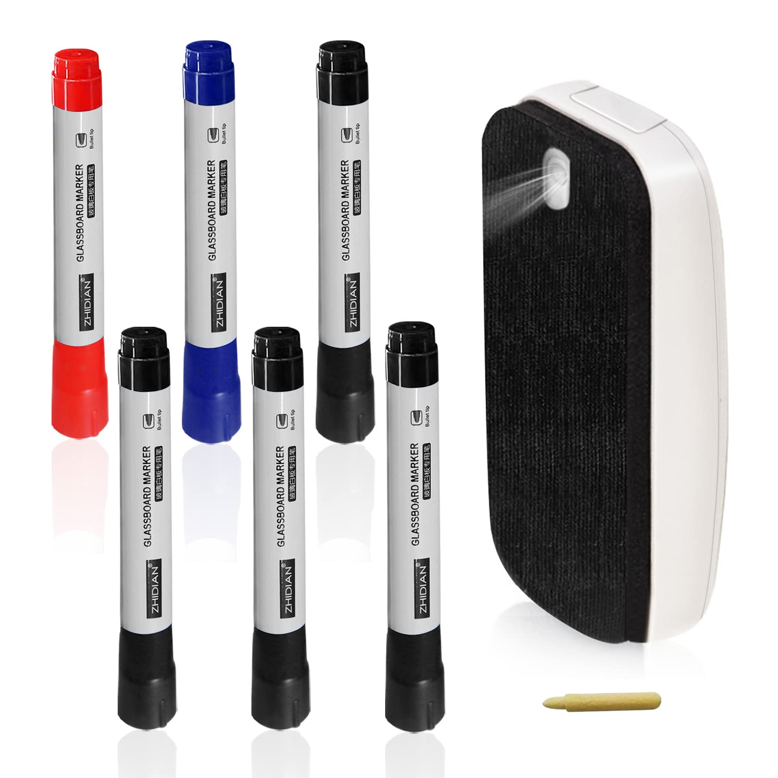ZHIDIAN Glass Whiteboard Markers, Spray Magnetic Eraser & 2-in-1 Reversible Dual Tip - Bullet & Fine Point, Erasable Liquid Dry Erase Pens (4 Black 1