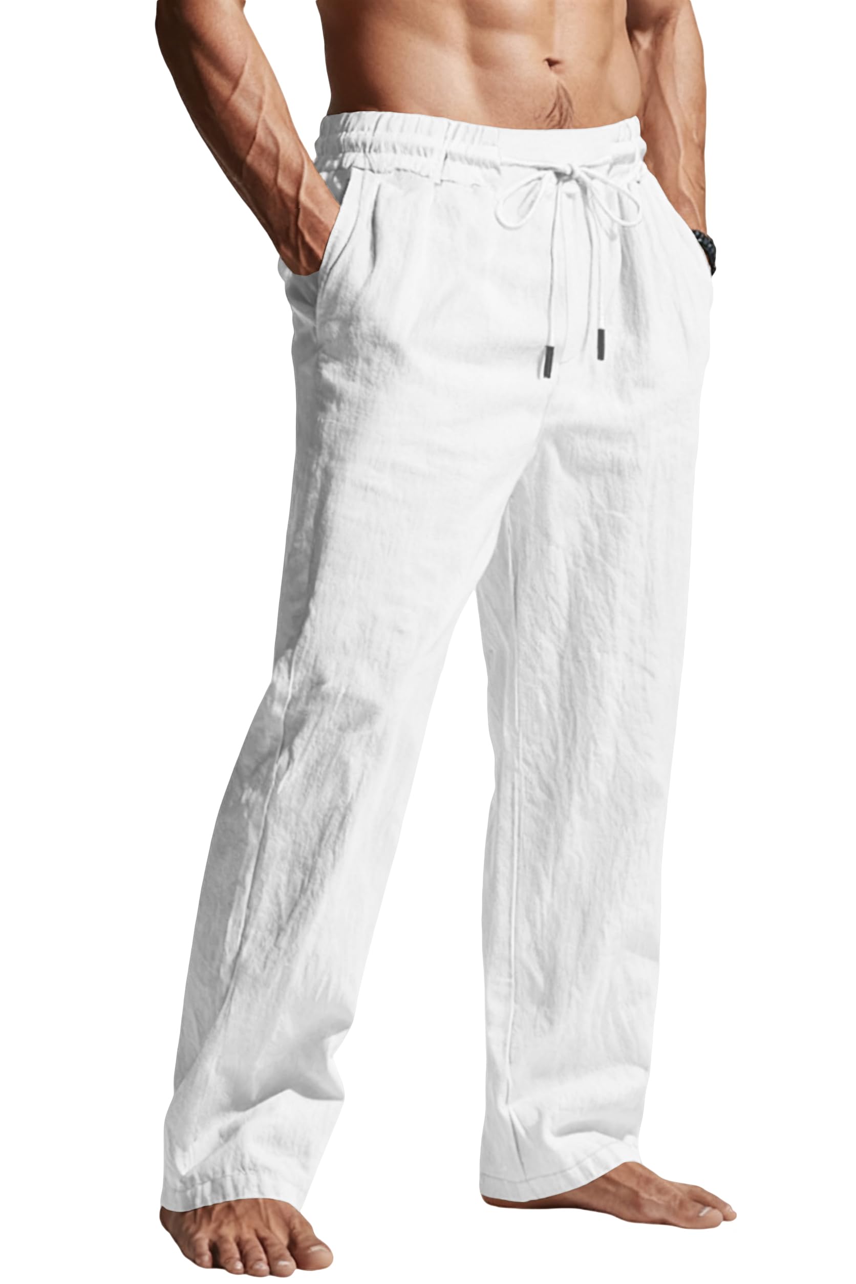 Mens Casual Linen Pants Elastic Waist Drawstring Summer Beach Lightweight Trouser with Pockets