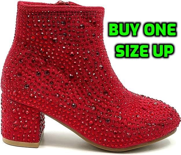Forever Girls Rhinestone Boots Kids Low Heel Dress Booties Iceberg-12K Shoes Red Rhinestone 12