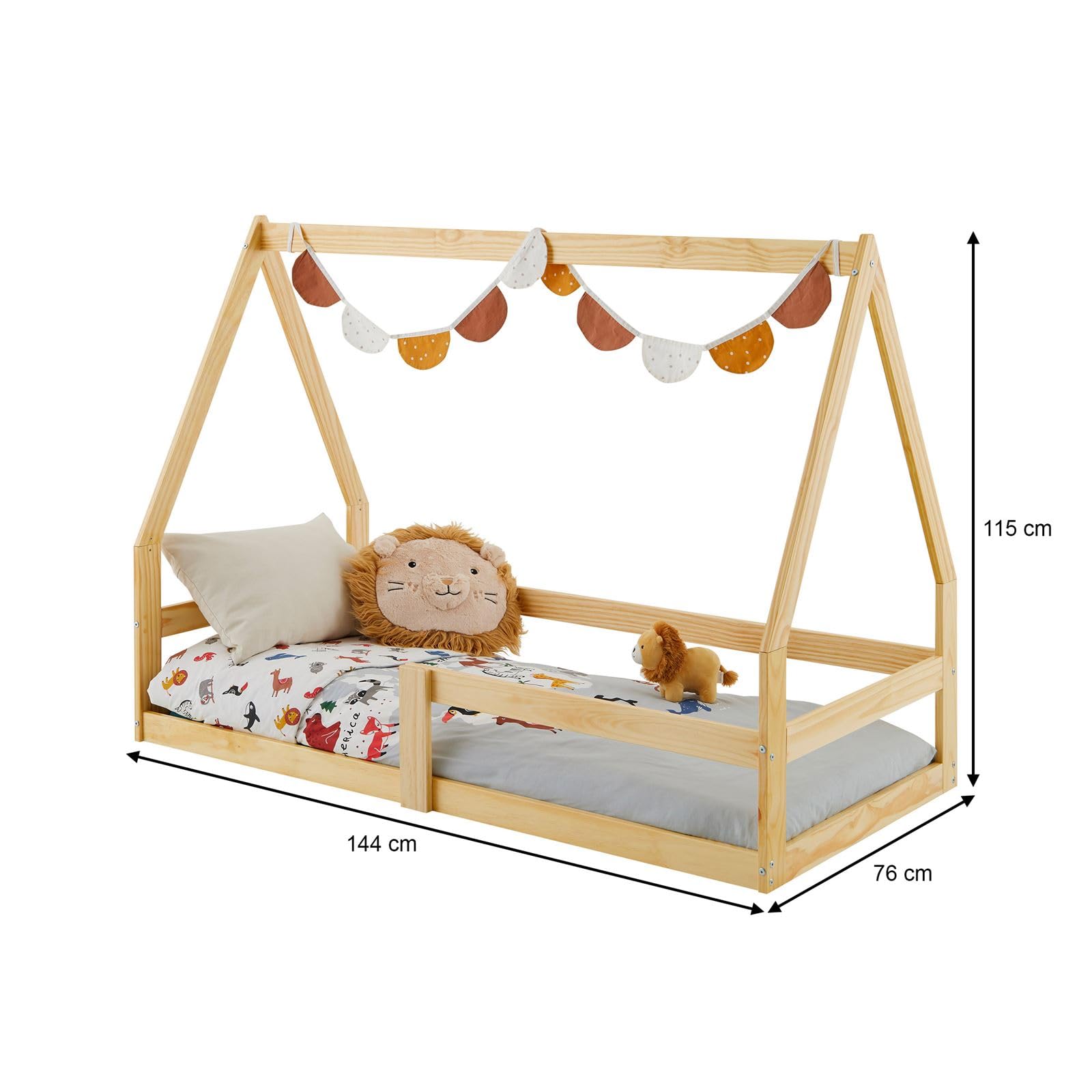 IDIMEX Hausbett Tami Kinderbett in Hausform, 70 x 140 cm, Natur, Kiefernholz Kinderbett mit Rausfallschutz, ideal zum Schlafen und Spielen, Bodenbett, Montessori