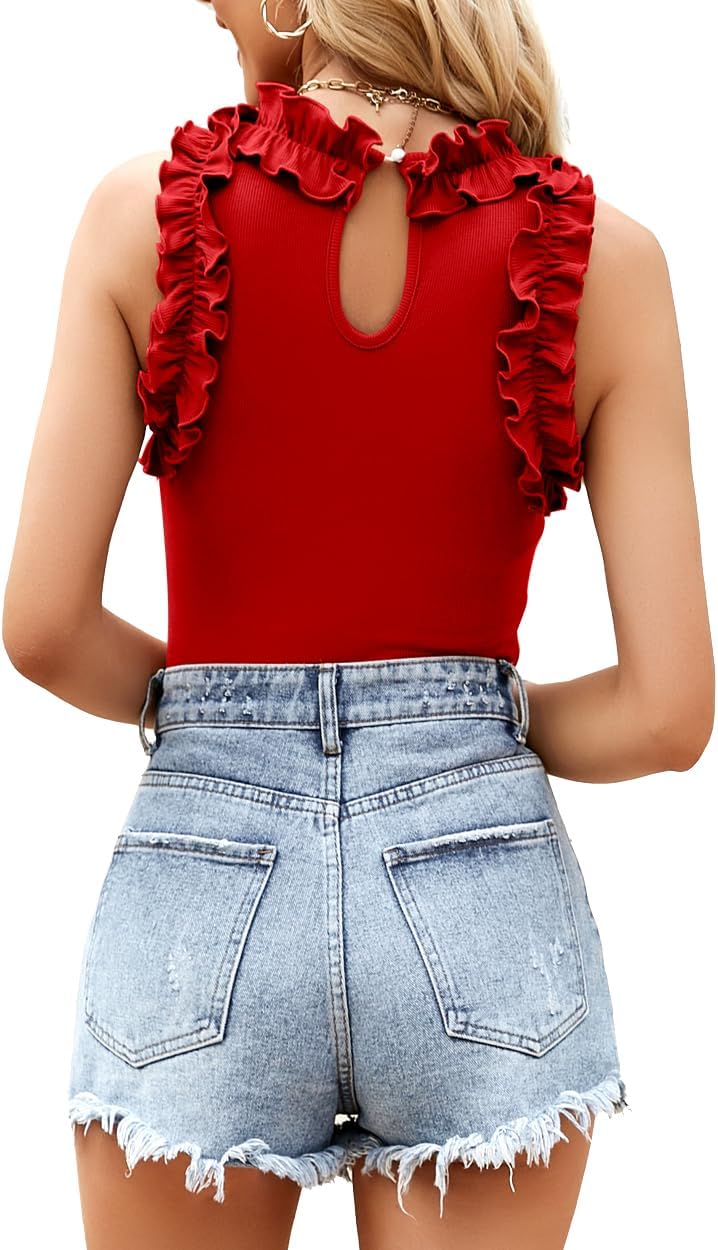 WAYMAKER Women's Sleeveless Racer Back Ruffle Mock Turtle Neck Ribbed Bodysuit Tank Tops