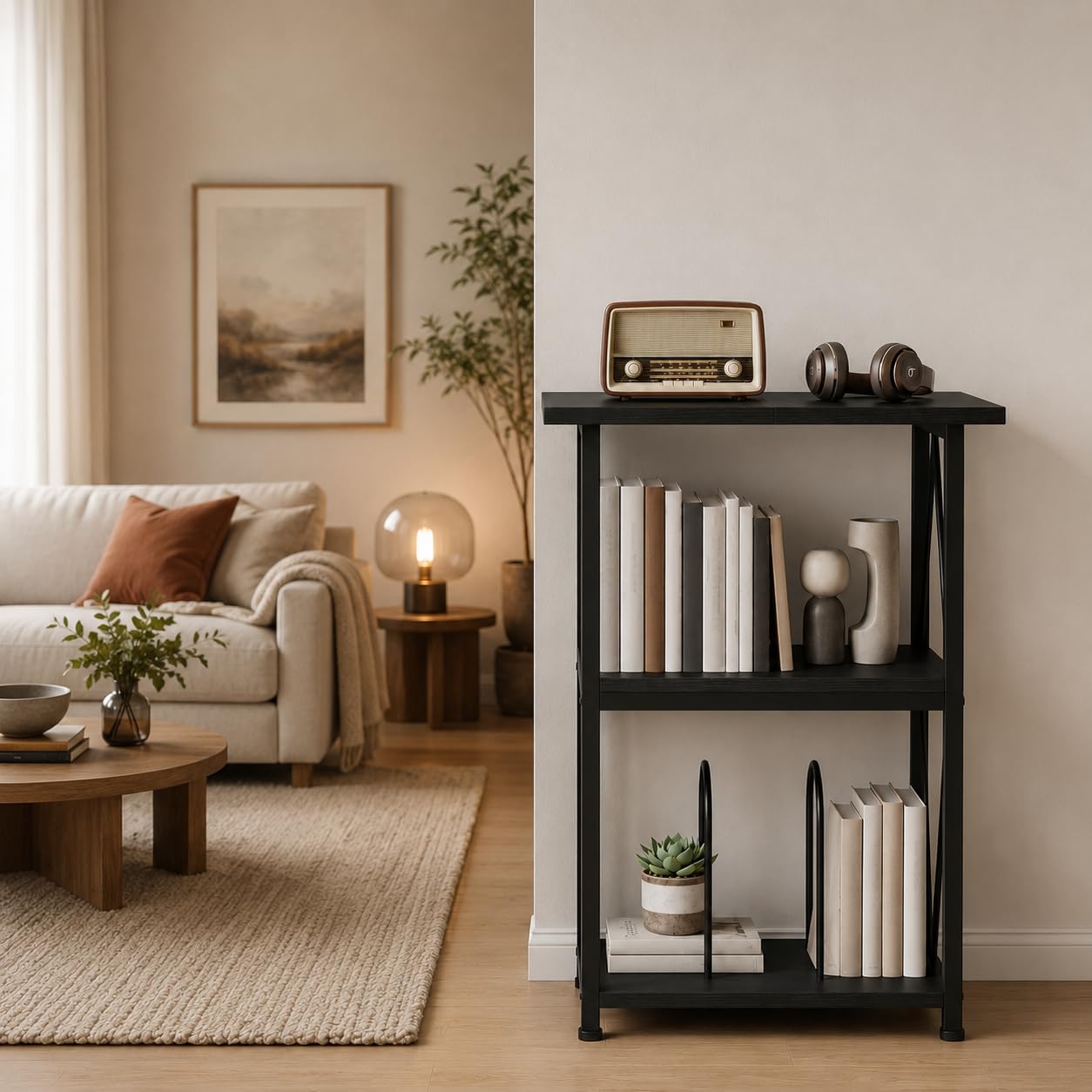 Plattenspieler Regal mit Ladestation, Schallplatten Regal, Beistelltisch | Plattenspieler Regal mit breiter schwarzer Strukturplatte, stabilem Rahmen & Platz für 100 LPs – für Wohn-, Schlaf- & Büro.