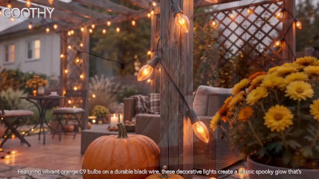 Image of GOOTHY C9 Orange Christmas String Lights, 25Ft Outdoor Christmas Decorations Lights with 26 Incandescent Orange Bulbs, Hanging Patio Lights Waterproof for Roofline Backyard Outdoor Halloween Party
