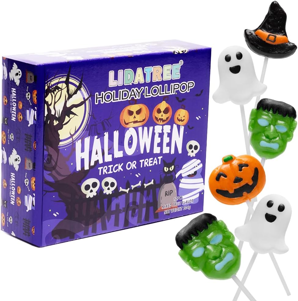 Halloween Lollipop Suckers,Pumpkin Candy Suckers,Spooky Candies,Lollipops Individually Wrapped,Great for Halloween Goody Bag Fillers 12 Pack