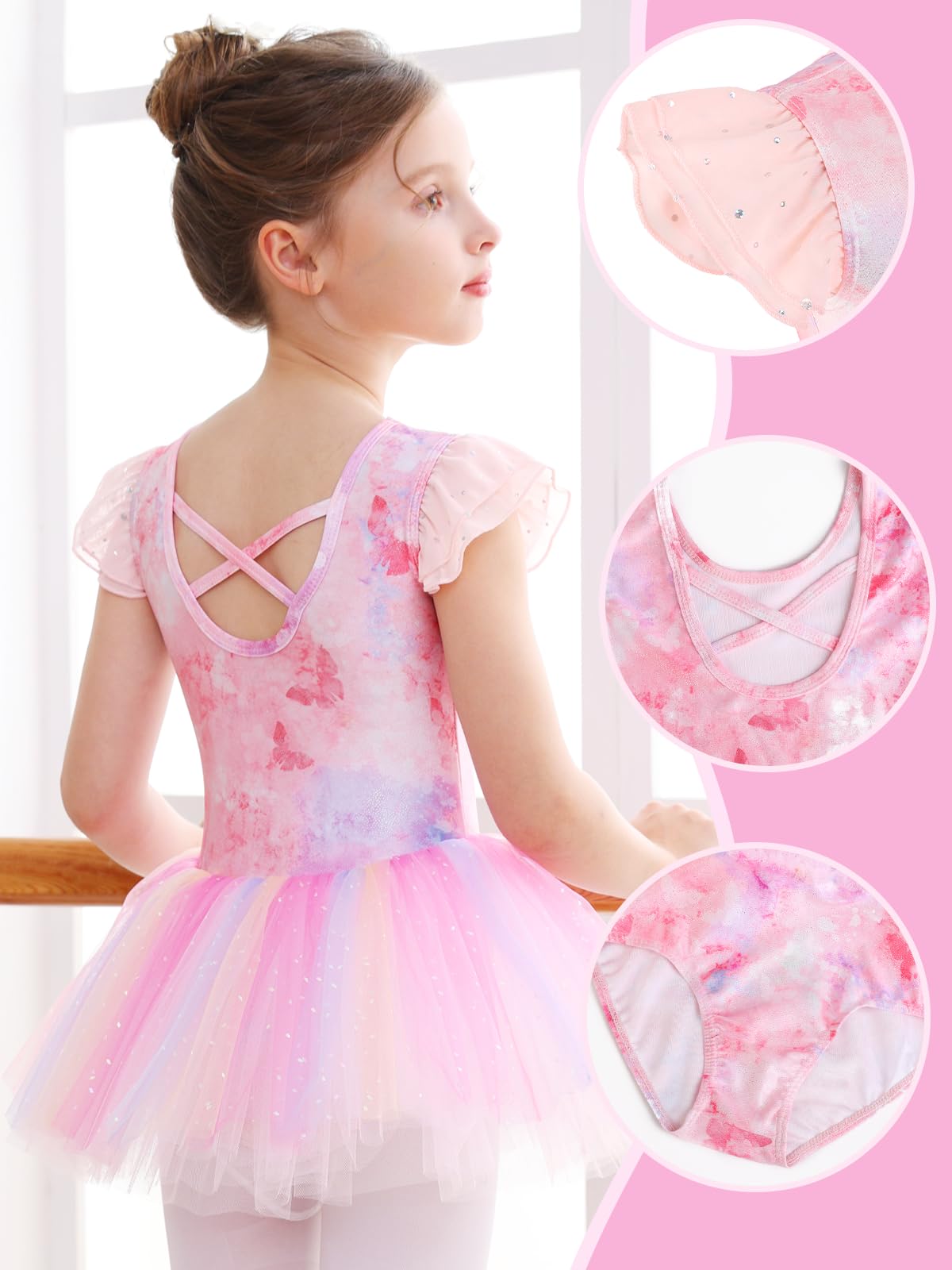 Bezioner Mallot de Ballet/Danza Niña Brillante Vestido Ballet Niñas Estampado Maillot Danza con Falda de Tutú Manga Corta