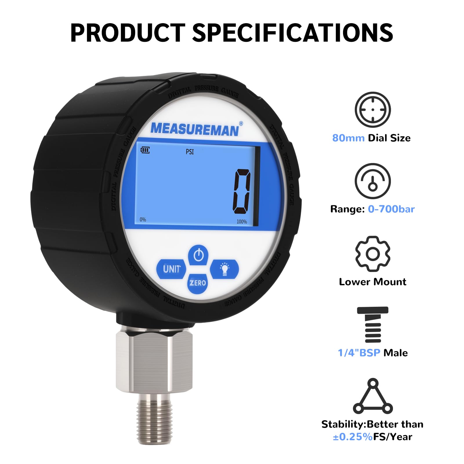 Manomètre hydraulique industriel numérique, cadran 80 mm, raccord inférieur G1/4", boîtier et raccord en acier inoxydable, 0-700 bar, précision 0,4%, alimenté par batterie, avec éclairage LED