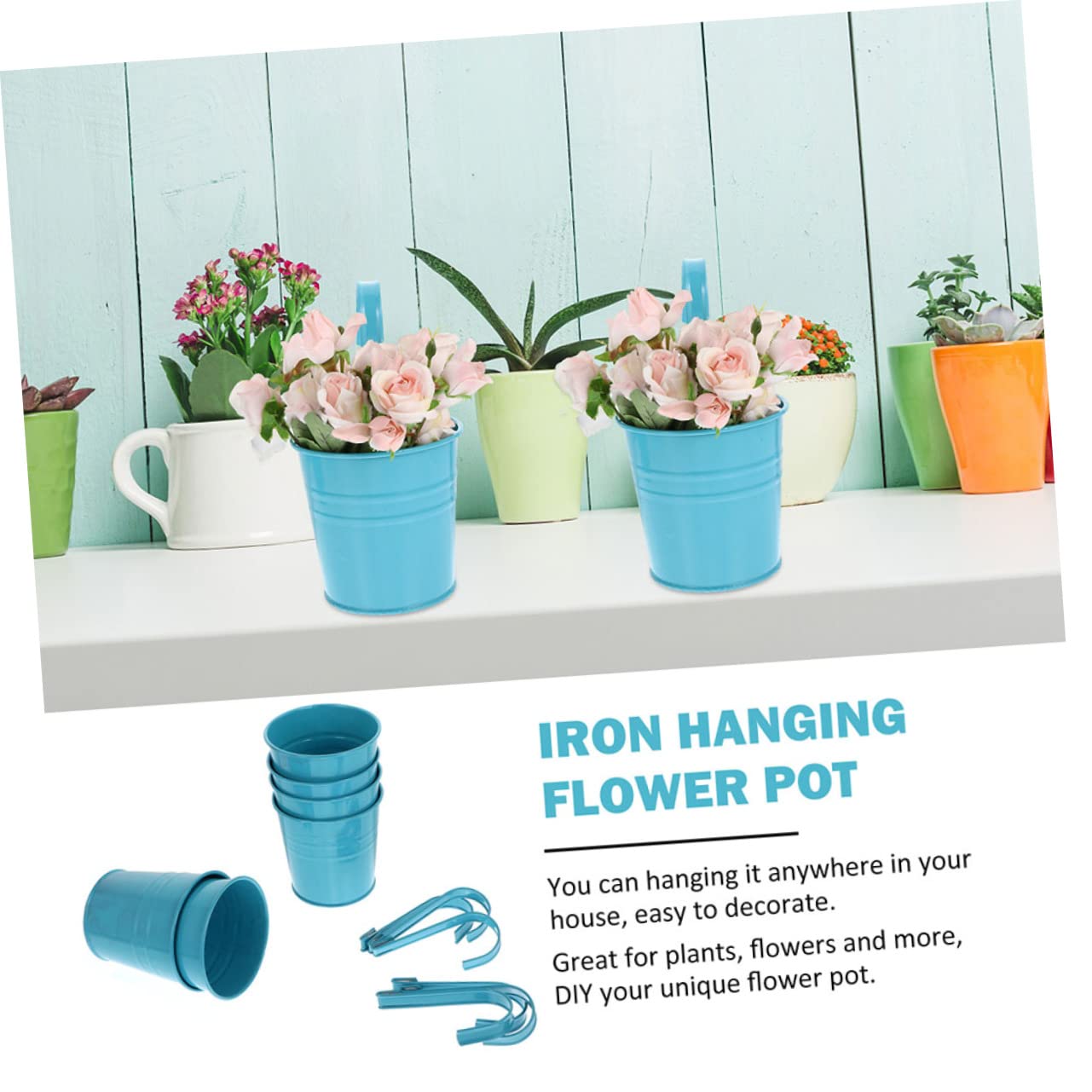 Jardinière Amovible Fleurs en Balcon Jardin Bleu, Pot Suspendue de Fer Crochet et Trou de Drainage, Lot de 4 pour Intérieur
