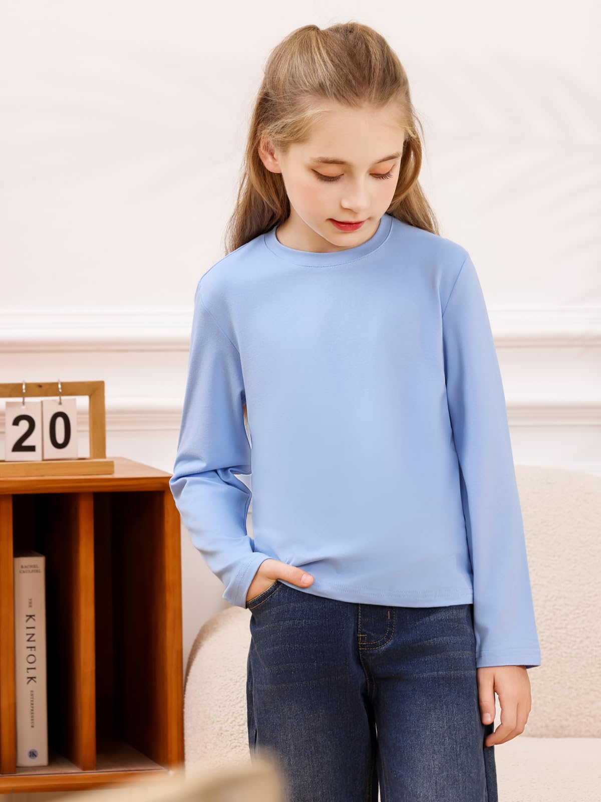 Maglietta da Ragazza, a Maniche Lunghe, T-Shirt Basica Morbida Oversize con Scollo Tondo, Tinta Unica e Comoda, per Abbigliamento Casual Bambini 4-14 Anni
