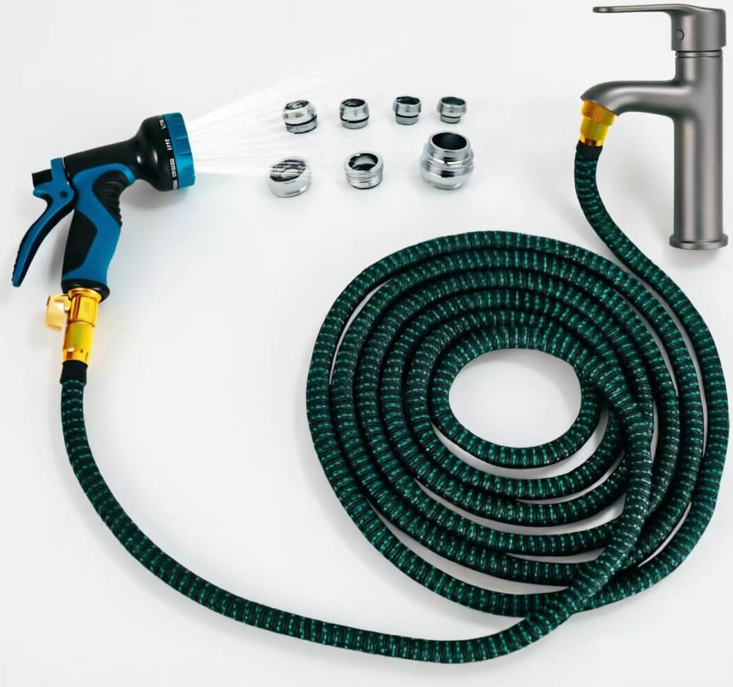 Attacco per tubo flessibile per lavello interno, tubo dell'acqua espandibile da 6,5 m, con 7 adattatori per rubinetto per cucina e bagno, irrigazione piante, bagno per animali domestici e pulizia