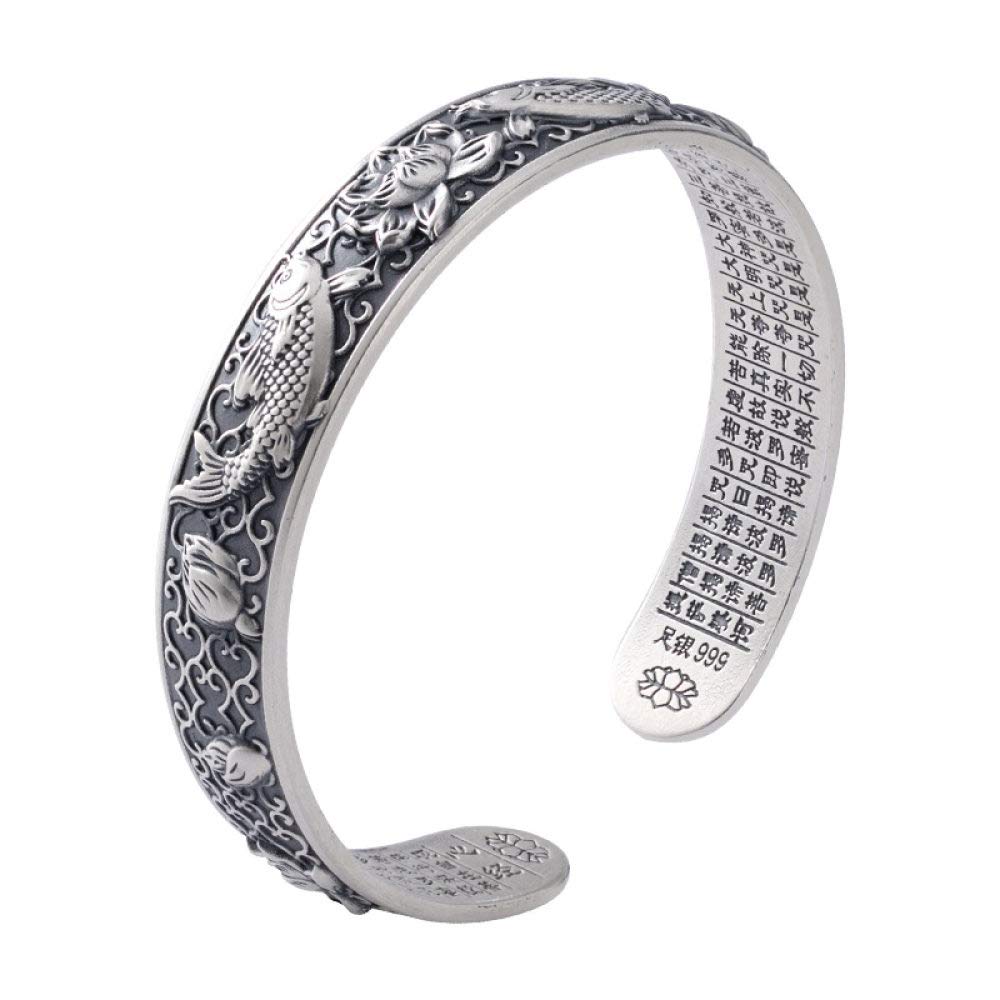 THTHT THTHT S925 Vintage Pulsera De Plata para Mujeres Hombres Piscis Pescado Lotus Escritura Sencillo Y Simple Estilo Chino Personalidad Creativa Encanto Hermoso Regalo