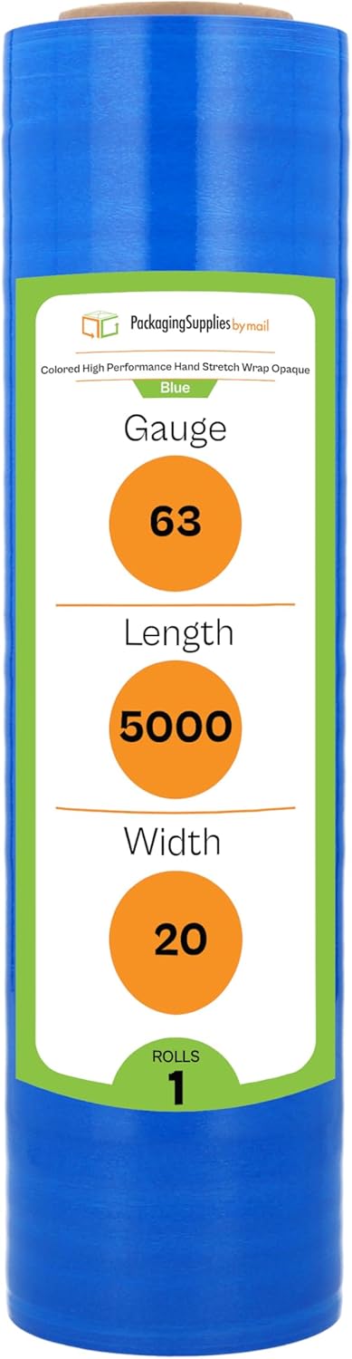 PSBM Machine Blue Stretch Wrap, 1 Pack, 20 Inch x 5000 Feet, 63 Gauge, Dark/Opaque Color Plastic Cling Designed for Pallet Machine Applicators