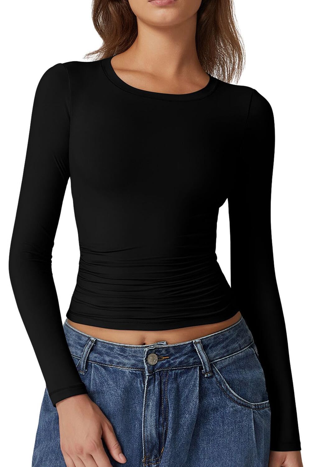 Womens Crewneck Long Sleeve Shirt Double Lined Basic Tees Side Ruched Going Out Crop Tops