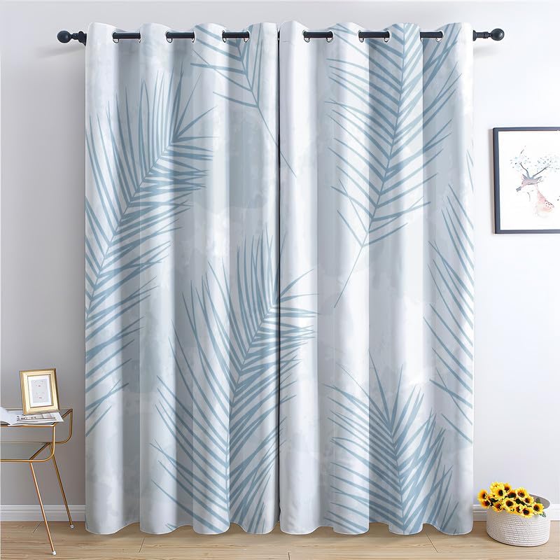 Leaves Curtains for Bedroom Living Room, Plant Blackout Curtains 63 Inch Length 2 Panels Set, Thermal Insulated Grommet Drapes, Decorative Patterned Window Treatments