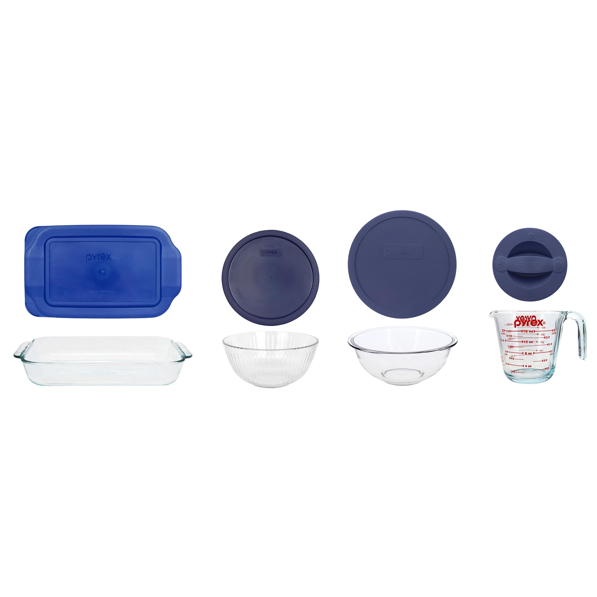 Pyrex 2qt Dish with Blue Lid, 10 Cup/2.5L Sculpted Mixing Bowl, 2.5qt Mixing Bowl with Cadet Blue Lid, 2 Cup Glass Measuring Cup with Dark Blue Lid