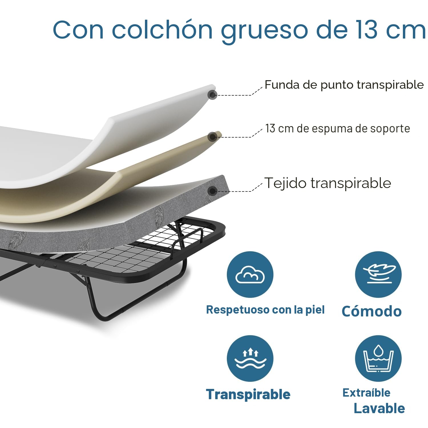 Daromigo Cama plegable de 90 x 200 cm, colchón 13 cm, individual metálica 4 ruedas, 150 kg, dormitorio/salón