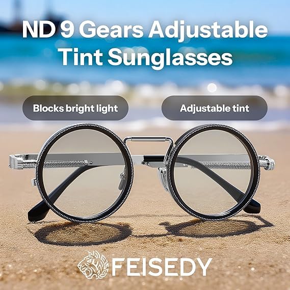 Image of Adjustable Tint Sunglasses, 1-9 Gear Adjustable Polarized Sunglasses with ND Filter Lenses, Round Black Lens for Men & Women, UV Protection for Driving, Fishing, and Outdoor Use.