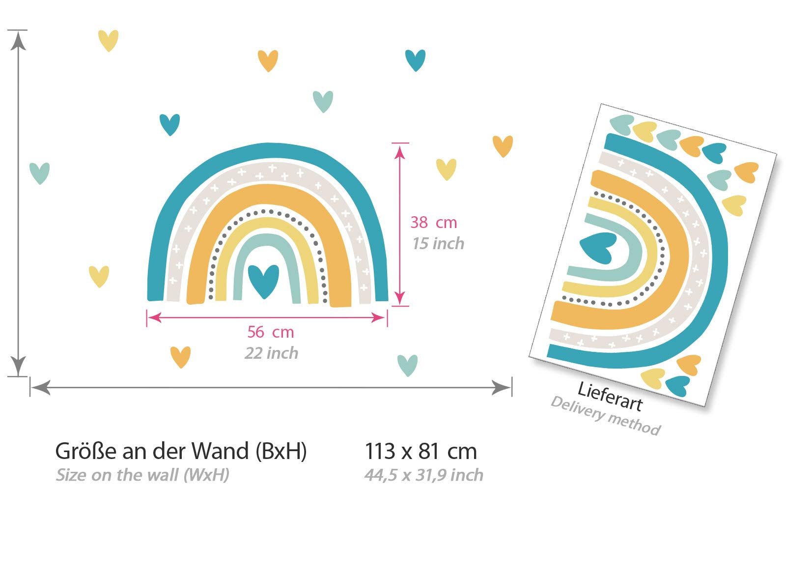Little Deco Regenbogen Wandtattoo 113x81cm - Herzchen Aufkleber Für Mädchenzimmer & Kinderzimmer