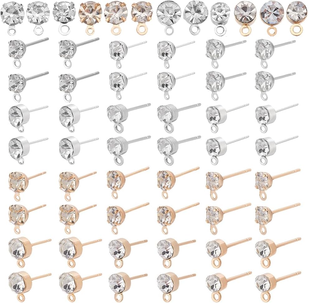 PH PandaHall 240pcs 2 Styles Earring Studs Rhinestone Earring Findings Crystal Earrings Posts with Loop Ear Studs for Women Earrings Jewelry Making 4/5/6mm Platinum, Golden