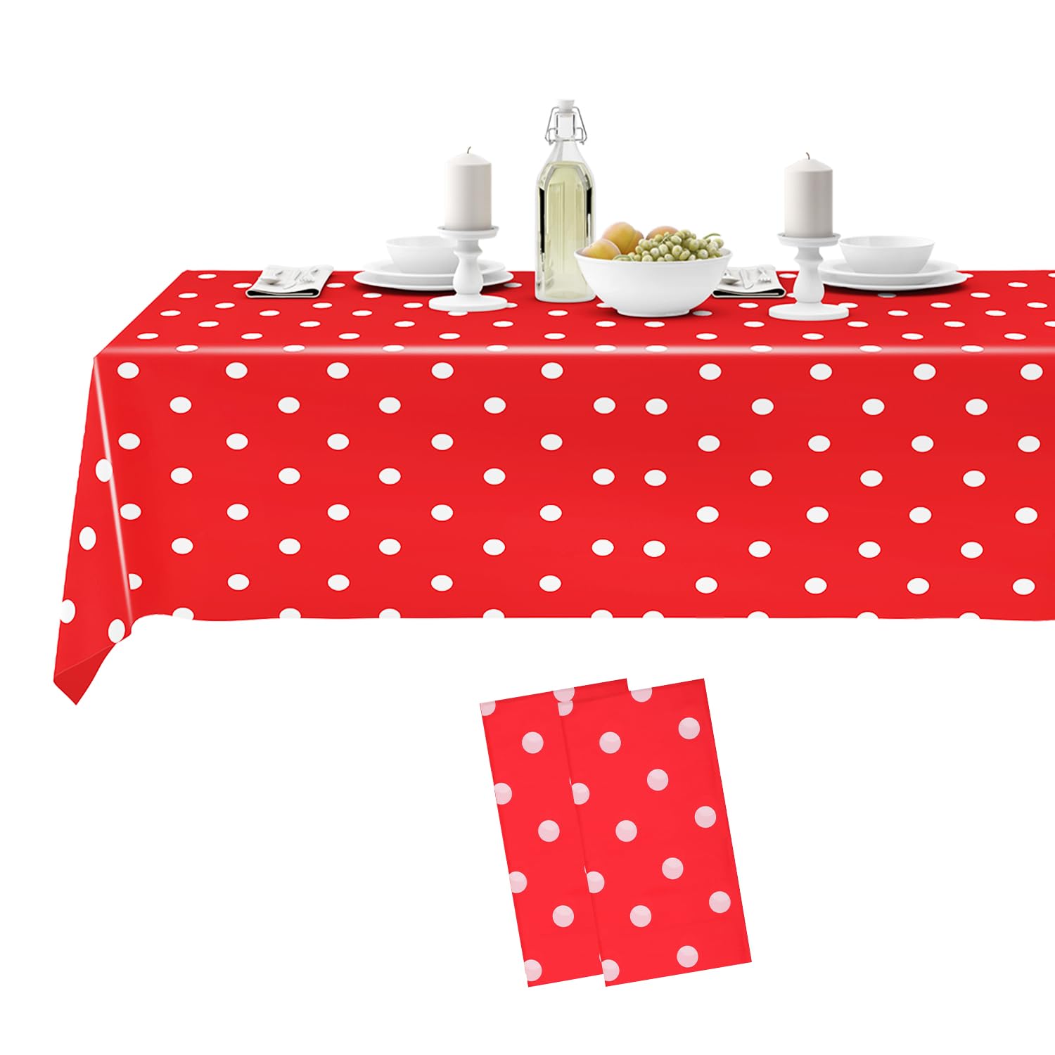 54"X 108" Polka Dots Disposable Plastic Table Cover - Waterproof, Spill-Proof, Rectangular Table Protector for Birthdays, Baby Showers, Outdoor Dinners, Picnics, Red - Pack of 2 โ image 1