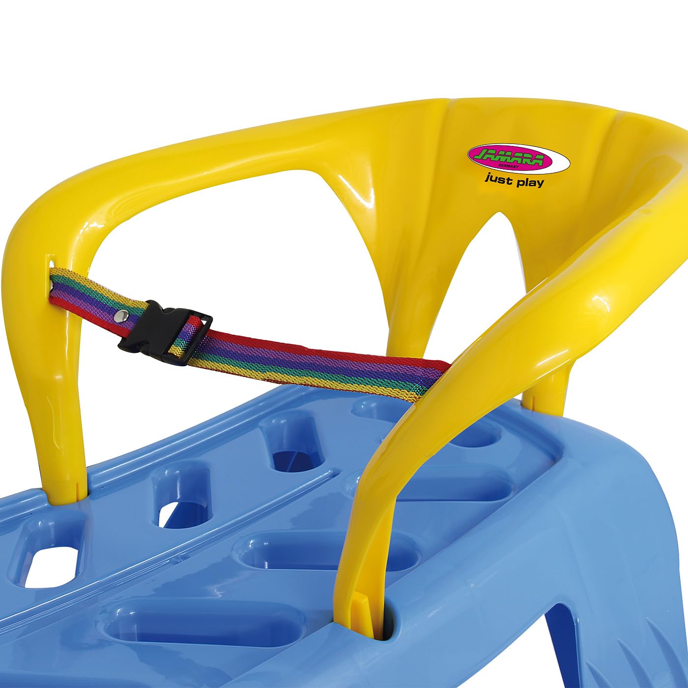Jamara Snow Play 460367 Snow-Star 460367 Patins en métal avec Protection Contre Le basculement, Dossier et Sangle de sécurité Inclus Bleu 90 cm