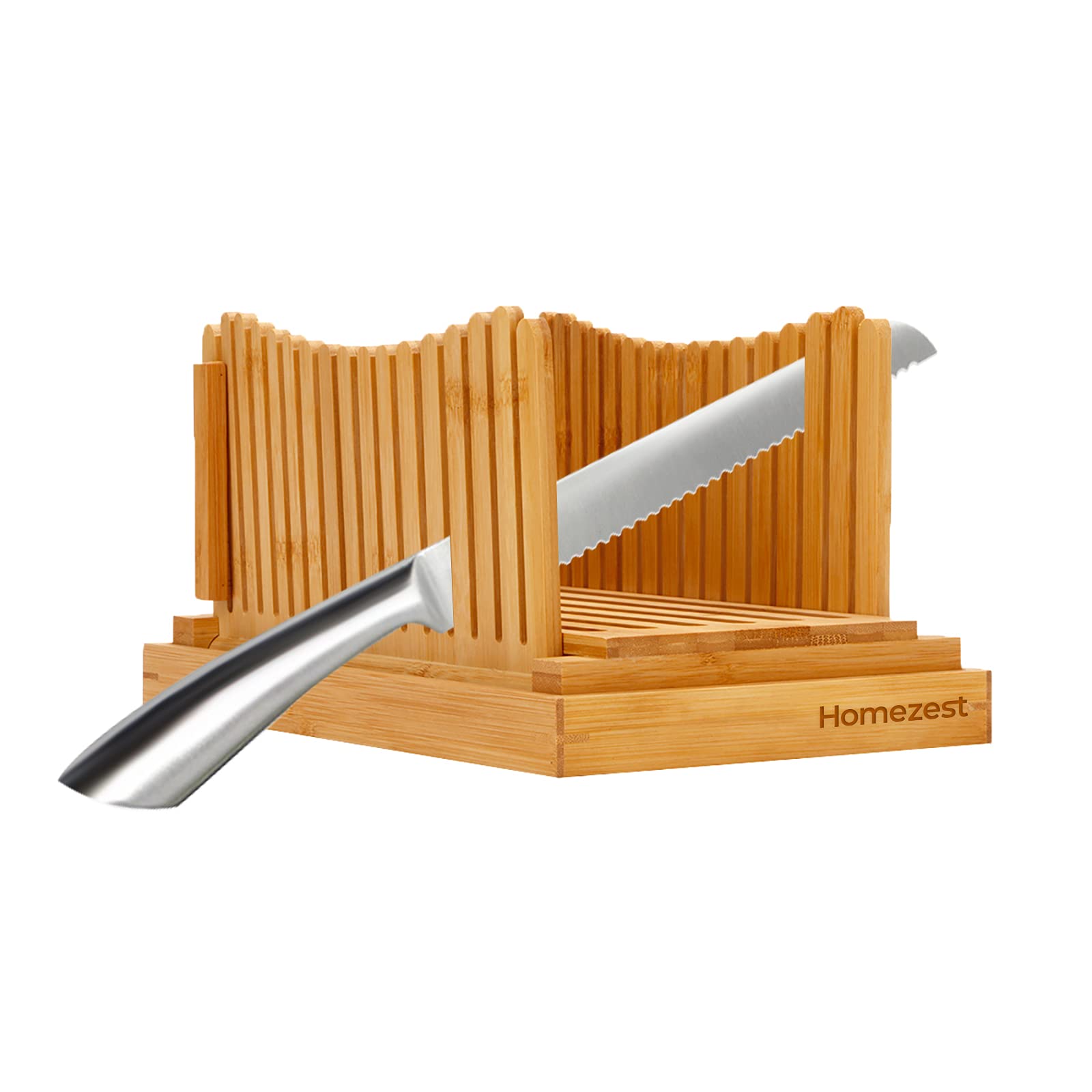 Bamboo Bread Slicer with Knife, Cutting Guide for Homemade Bread Cakes Bagels, Foldable with Crumb Tray, 3 Thickness Size