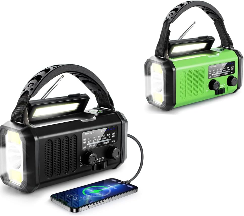 10000mAh Hand Crank Emergency Radio, NOAA Weather Radio with AM/FM & solar Radio, Rechargeable Battery, Flashlight & Reading Light, SOS Alarm, Compass Cell Phone Charger for Indoor Outdoor Emergencies