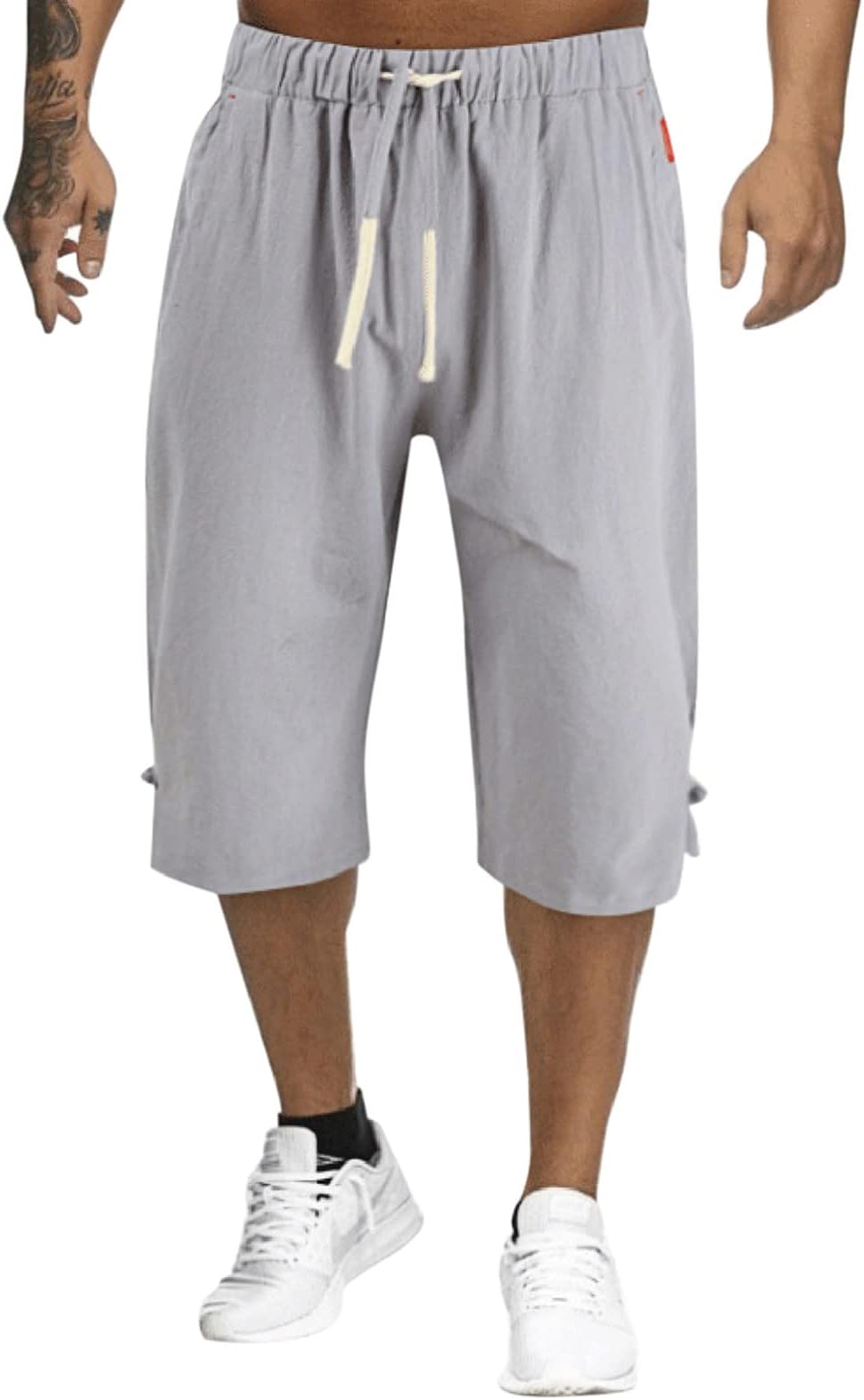 Mens 3/4 Shorts Cotton Mens Casual Shorts Summer Baggy Combat Trousers Elasticated Waist with Multi Pockets Summer Beach Jogging Drawstring Sports Short Workout Jogging Athletic Loose Fit Pants