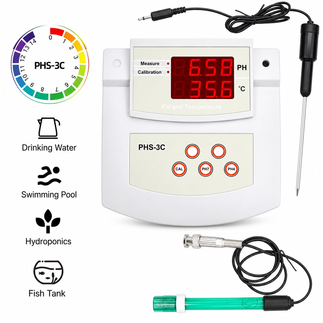 Medidor de pH de laboratorio de mesa, medidor de acidez de escritorio con pantalla LED, soporte, 2 electrodos de pH/temperatura y calibración automática de 2 puntos