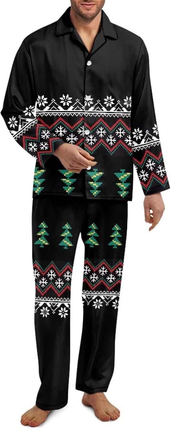 AmzPrint Cardinal Holly Snowflake Print Christmas Beige Pajama Pants For Men Long Sleeve Pajama Sets Men